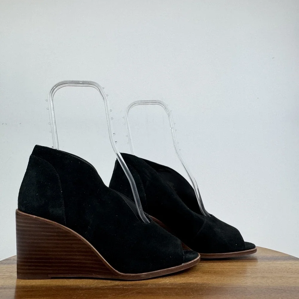 New Womens 1. State Eren Black Leather Peep Toe Slip On‎ Wedges Size 8 M NWOB